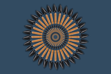 A composition of small garden shovels assembled in a circle on a blue background, a place to copy. Concept: a poster for the design of advertising media for the garden.