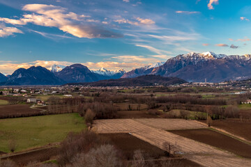 Winter colorful sunset in the countryside of Friuli-Venezia Giulia, Italy