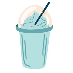 Milkshake. Fresh, milk dairy product. Drink in a jar. Delicious and healthy protein drink. Plastic cup with lid and straw. Vector illustration cartoon flat icon isolated on white.