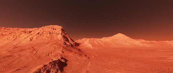Mars-Planetenlandschaftslandschaft, 3D-Darstellung von imaginärem Mars-Planetengelände, orangefarbene Wüste mit Bergen, realistische Science-Fiction-Illustration.