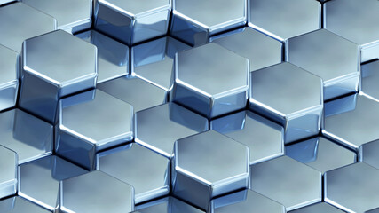 Silver hexagons 3D geometric background, shiny chrome metallic shapes stacks, render technology illustration.