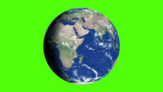 Planet earth rotation - computer generated animation. Night to day change. Realistic world globe rotating and moving at green background. Seamless loopable animation. 