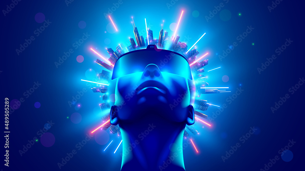 Poster VR and AR technology futuristic concept. Man wearing 3d VR headset glasses looks up in cyberspace of metaverse. Virtual reality or Augmented reality world simulation. Digital computer entertainment.