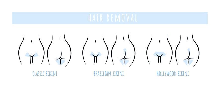 Hair removal bikini area line art. Brazilian, Hollywood, French bikini scheme. Vector