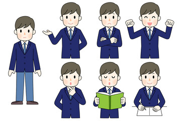 男子生徒の全身と6つの表情セット