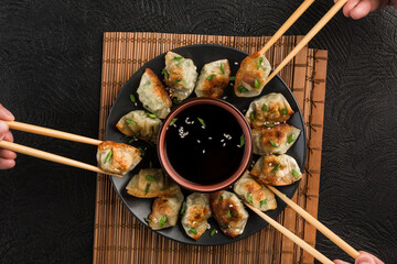 Fried dumplings with pork and herbs on a black round plate with soy sauceFried dumplings with pork and herbs on a black round plate with soy sauce
