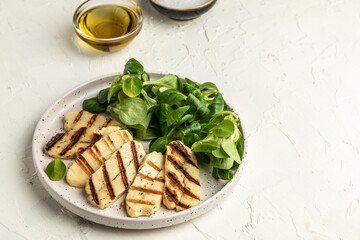 halloumi cheese with mint. Cheese for grilling, Cyprus squeaky cheese. banner, menu, recipe place for text,