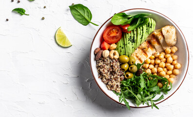 Buddha bowl with kale salad, quinoa, chicken fillet, chickpeas, avocado, spinach, tomatoes cherries, nuts arugula, Clean eating, dieting food concept. Long banner format. top view - Powered by Adobe