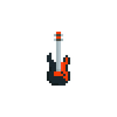 Pixel art guitar musical instrument item for game 8bit on background. 