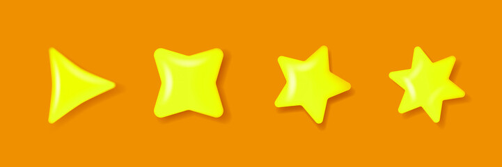 Golden stars set. Realistic 3d objects. Different shape star rating 