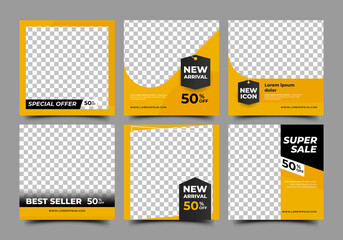 Set of Editable square banner design template. Yellow background with black shape and place for the photo. Usable for social media post, card, banner, and web.