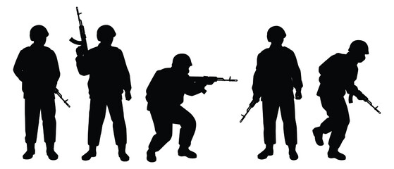 Set of soldiers with rifle gun in war silhouette vector, military man in the battle.