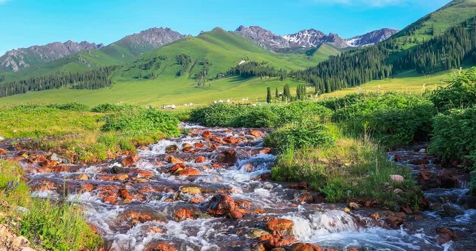 Nalati grassland natural scenery in Xinjiang, China. River and meadow with mountain landscape in summer season.