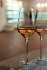 Tasting of brut champagne sparkling wine produced by traditional method in underground caves