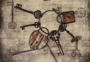 Rustic decorative vintage metal keys and locks on a big ring