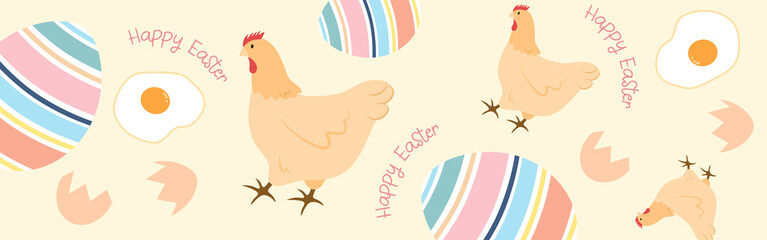 Lovely Easter web banner vector design, cute pastel Easter eggs and chicken web banner background, flat design of spring festival Easter web banner template, flat design of cute chicken and egg banner
