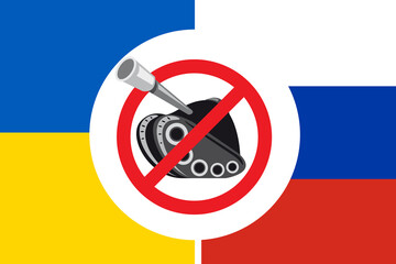 No war. Russia Ukraine conflict. Tank on national flags background.