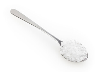 Spoon of sea salt isolated on white background with clipping path