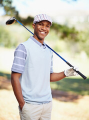 Ive been waiting all week to get on the course. Portrait of a confident african american golf...