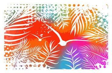 Naklejka na ściany i meble Abstract multicolored watercolor imitation splashes background with tropical palm leaves. Trendy summer vacation background.