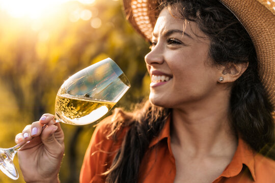 Happy woman in the vineyard,drink wine