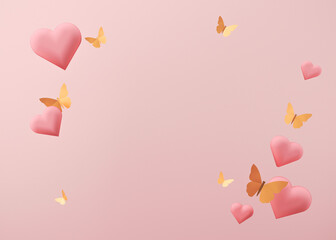 Pink hearts and golden butterflies. Women's Day, Mother's Day, Wedding, Anniversary background with free space for text, copy space. Postcard, greeting card design. Trendy template. 3D illustration.