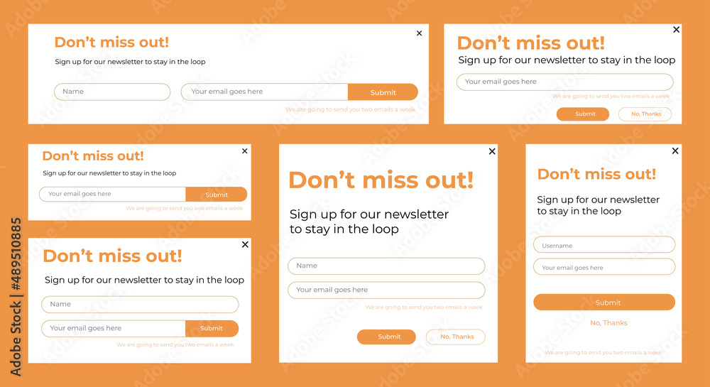 Poster set of email subscribe newsletter pop up template design. submit form for website email letter banne