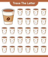 Trace the letter. Tracing letter alphabet with Coffee Cup. Educational children game, printable worksheet, vector illustration