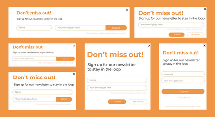 Set of Email Subscribe Newsletter pop up template design. Submit form for website email letter banner.
