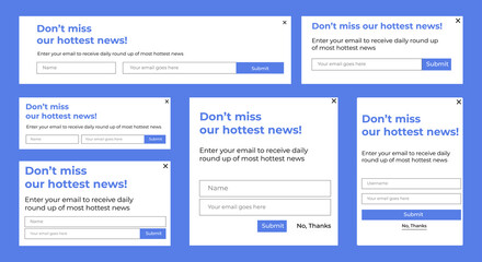 Set of Email Subscribe Newsletter pop up template design. Submit form for website email letter banner.
