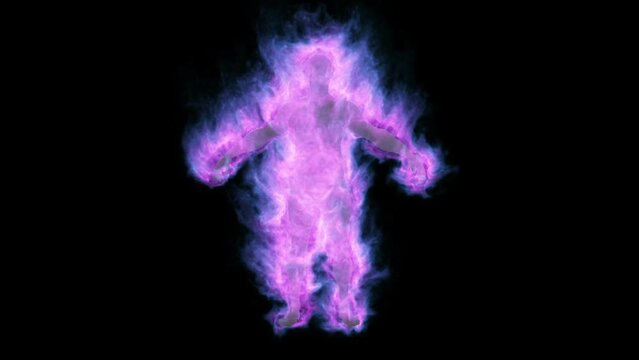 A powerful stream of pink flames bursts out of the silhouette of a man on a black background. A pink eruption of energy from a man.