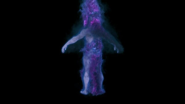 A three-dimensional image of a person rotates counterclockwise on a black background and emits purple fire and smoke.
