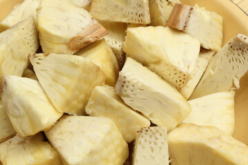 Close up of steamed breadfruit (Artocarpus altilis) slices