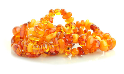 A necklace of pieces of brown amber, isolated on a white background.