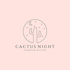 cactus night logo line art with the moon and stars vector symbol illustration design, plant emblem badge logo design