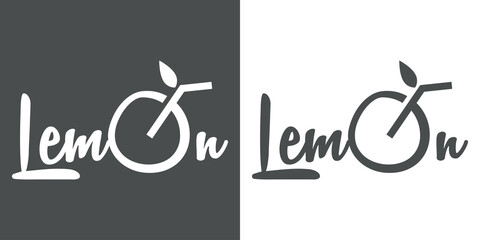 Logo Juice bar. Banner con caligrafía Lemon con letra O con forma de bebida de limón en fondo gris y fondo blanco