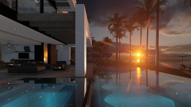 4K video rendering of modern cozy house with pool and parking for sale or rent in luxurious style by the sea or ocean. Sunset evening by the coast with palm and flowers in tropical island Fly-walk