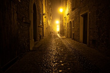 Foggy Night in a Medieval Village in Umbria Italy in Winter