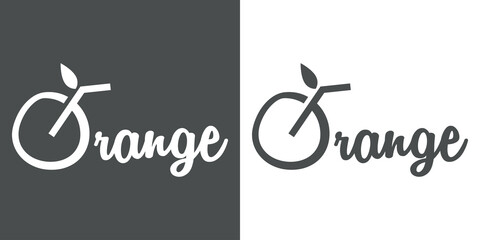 Logo Juice bar. Banner con caligrafía Orange con letra O con forma de bebida de naranja en fondo gris y fondo blanco