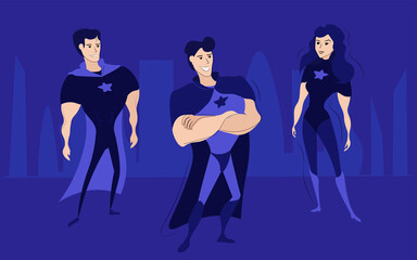 Super people, superheroes men and women in special clothes, with capes. Protection and strength, superiority. Blue color.