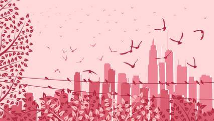 Horizontal vector illustration of big city and skyscrapers with trees and flocks of birds (in pink tone).