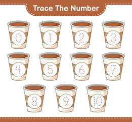Trace the number. Tracing number with Coffee Cup. Educational children game, printable worksheet, vector illustration