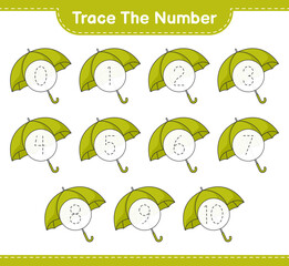 Trace the number. Tracing number with Umbrella. Educational children game, printable worksheet, vector illustration