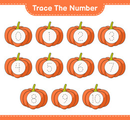 Trace the number. Tracing number with Pumpkin. Educational children game, printable worksheet, vector illustration