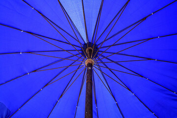 Close up inside view of a blue umbrella