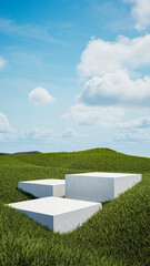 Podium among a field covered with grass under a beautiful sunny sky - 3D rendering