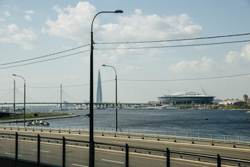 View from the window of the Malaya Nevka River, Gazprom Arena football stadium, Lakhta Center...