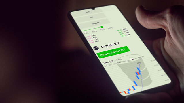 petroleo ETF, petroleo fondo, gr&aacute;fico de fondos negociados etf oil en bolsa mundial, Datos del mercado de valores en el tel&eacute;fono. An&aacute;lisis de negocios de una tendencia ETF petroleo texto en espa&ntilde;ol
