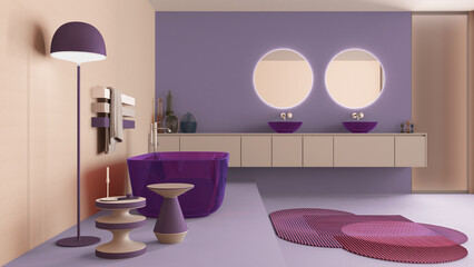 Showcase bathroom interior design in purple and beige tones, glass freestanding bathtub and wash...