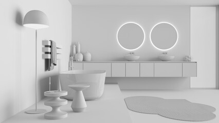 Total white project draft, showcase bathroom interior design, freestanding bathtub and wash basing. Round mirrors, faucets, modern carpet, floor lamp, tables. Minimalist project idea